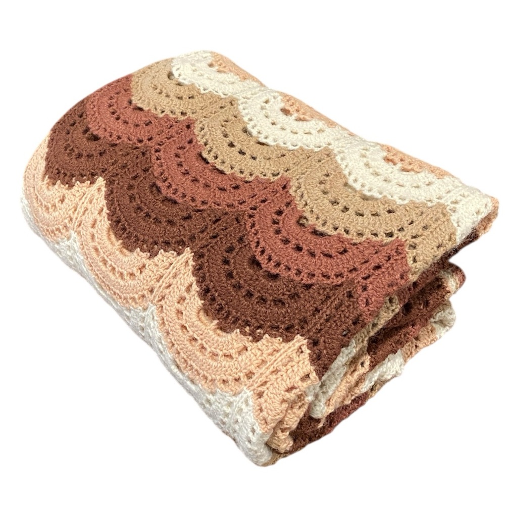 Truly VINTAGE Earth Tones Crochet Throw Blanket 55 x 66 inches